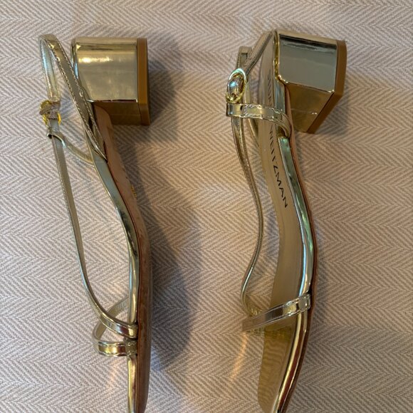 Stuart Weitzman Soirée Metallic Gold Block Heels - 8 - Picture 5 of 5